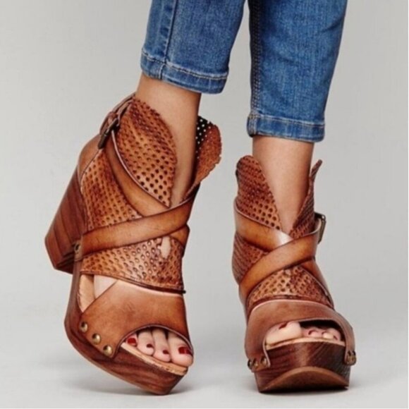 Free People Rendering Clogs Leather High Heel Shoes Open Toe Brown Size 41 US 11 - Picture 9 of 10
